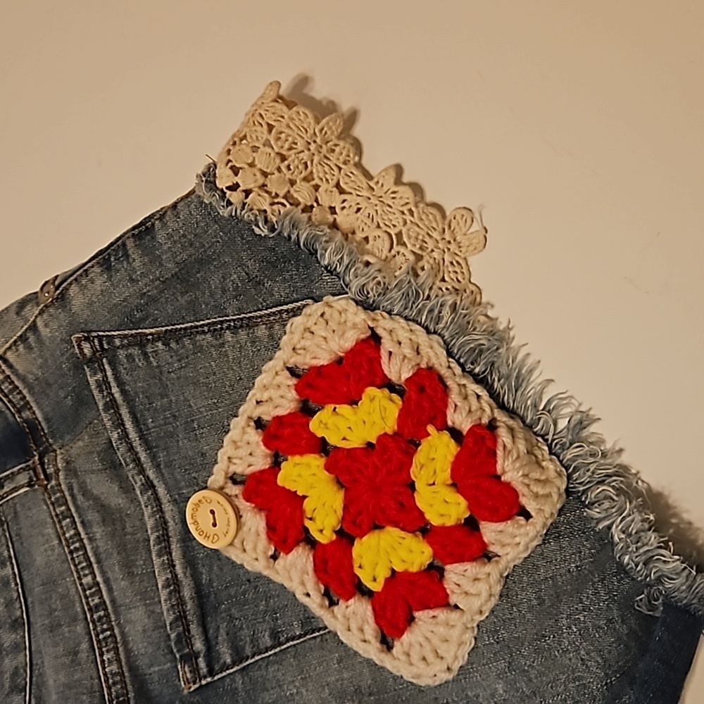 Hand Crafted Upcycled Denim Crochet Shorts Granny Square Handmade High rise 29 - Picture 11 of 17